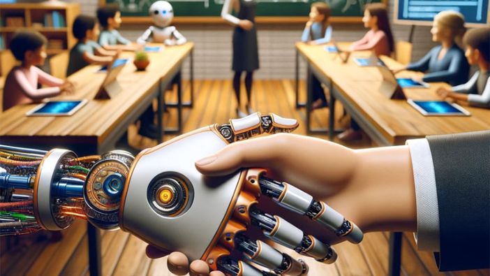 Ein futuristisches Klassenzimmer: Ein Roboterarm und eine menschliche Hand geben sich vor einer Unterrichtsszene mit einer Lehrerin, Schülerinnen und Schülern, Tablets und einer beschrifteten Tafel die Hand. Ein futuristisches Klassenzimmer: Ein Roboterarm und eine menschliche Hand geben sich vor einer Unterrichtsszene mit einer Lehrerin, Schülerinnen und Schülern, Tablets und einer beschrifteten Tafel die Hand.