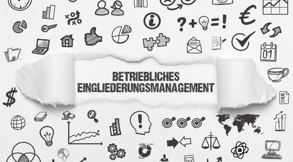 Eine weiße Tafel mit zahlreichen Symbolen. In der Mitte steht Betriebliches Eingliederungsmanagement. Eine weiße Tafel mit zahlreichen Symbolen. In der Mitte steht Betriebliches Eingliederungsmanagement.