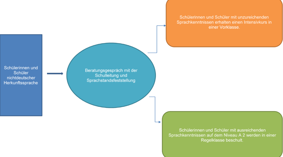 Ein Flussdiagramm zur Schulaufnahme von Schülerinnen und Schülern nichtdeutscher Herkunftssprache. Es zeigt den Ablauf: Nach einem Beratungsgespräch mit der Schulleitung und Sprachstandsfeststellung werden Schüler mit unzureichenden Sprachkenntnissen in eine Vorklasse aufgenommen, während Schüler mit ausreichenden Sprachkenntnissen (Niveau A2) in eine Regelklasse kommen.